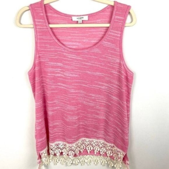 Umgee Pink Tank Top Crochet Hem Heathered Size Medium Bohemian Fringe Hippie - Picture 6 of 7